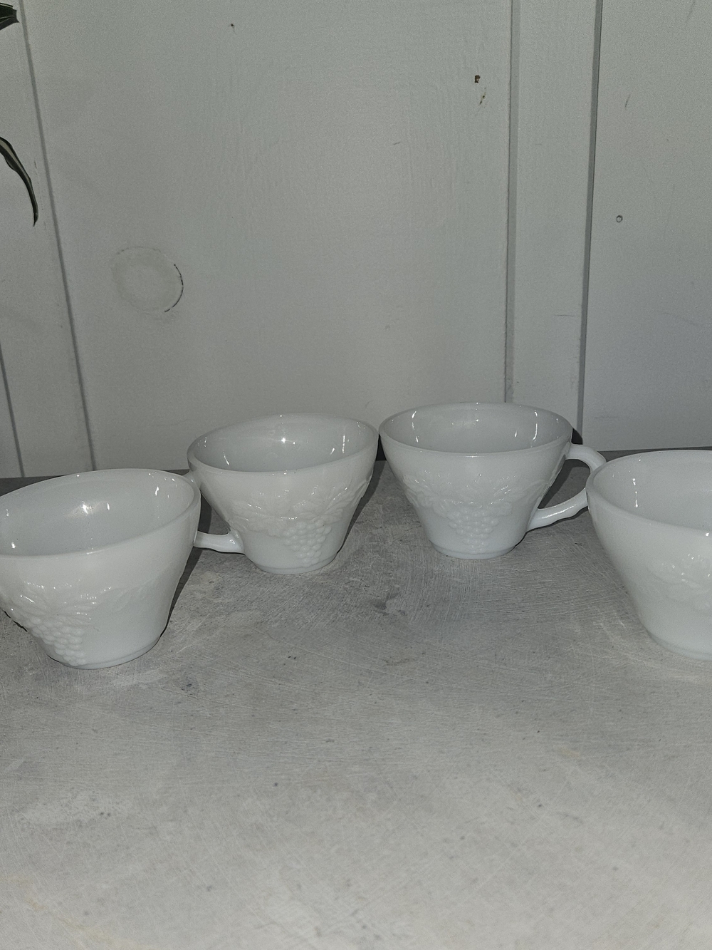 Anchor Hocking White Milk Glass Teacup Set with Grape Relief - 4 Cups
